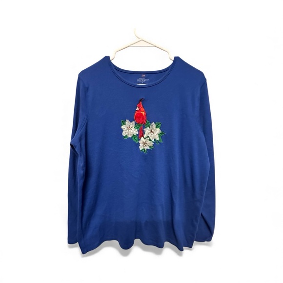 Mercer Street Studio Tops - Mercer Street Studio Blue Top with Winter Cardinal & Floral Embroidery Size L